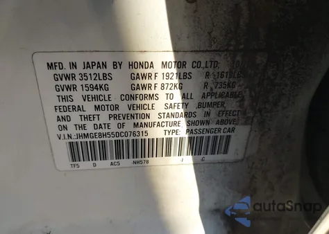 2013 Honda Fit Sport from USA, damaged, VIN JHMGE8H55DC076315